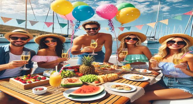 A group of friends celebrating on a boat, decorated with colorful details and featuring food and drinks under a sunny sky, perfect for charter events