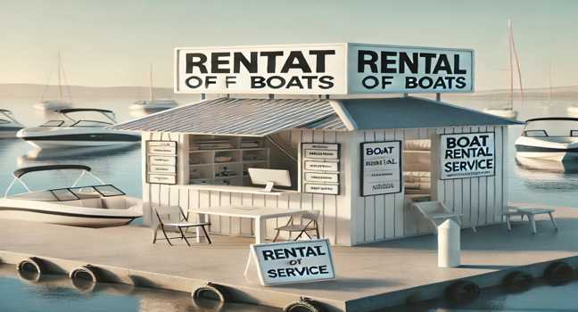 A professional boat rental service office at a marina with a 'Rental of Boats' signboard, showcasing a variety of boats ready for rental