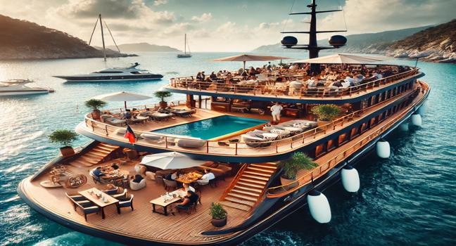 A cafe yacht docked near a stunning coastline, with guests enjoying drinks and breathtaking ocean views