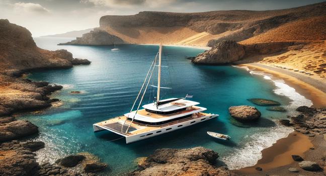 Rent a boat in Rhodes and discover a hidden cove with a luxury catamaran. A top choice for yacht charter and boat rental adventures