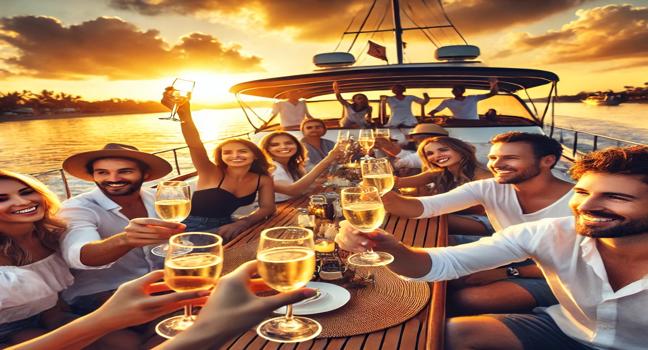 A lively celebration on a charter boat with people clinking glasses under a golden sunset. The perfect venue for special occasions on the water