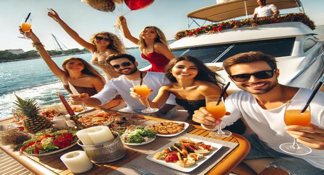 A cheerful group of friends celebrating on a luxury boat charter, featuring festive decorations, delicious food, and drinks under a bright, clear sky