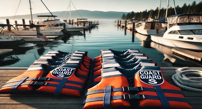 Close-up of Coast Guard-approved life jackets on a dock, with boats and calm waters in the background, emphasizing safety for boat rentals near me