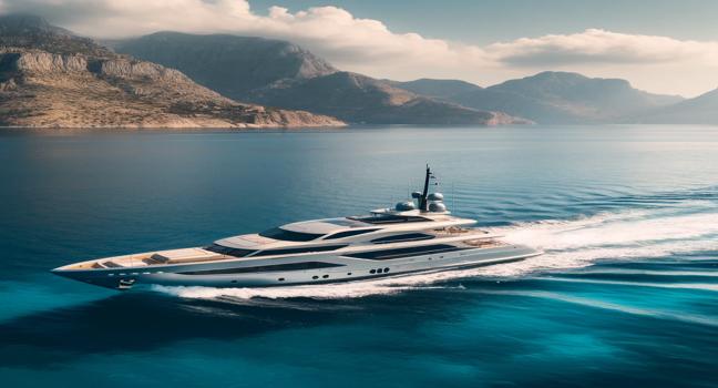 A luxury yacht gliding through crystal-clear blue waters with a breathtaking mountainous coastal background, reflecting elegance and serenity