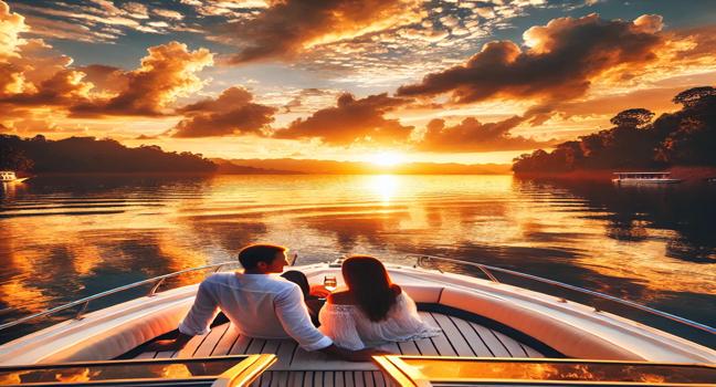 A couple on a rented boat enjoying a beautiful sunset, with calm waters reflecting golden skies, showcasing the beauty of a boat rental service