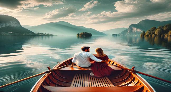 A couple enjoying a romantic boat tour, surrounded by calm waters and picturesque landscapes, ideal for a peaceful and intimate outing