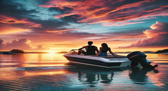 A couple enjoying a peaceful sunset on a rented boat, surrounded by calm waters and vibrant sky colors, perfect for a romantic outing