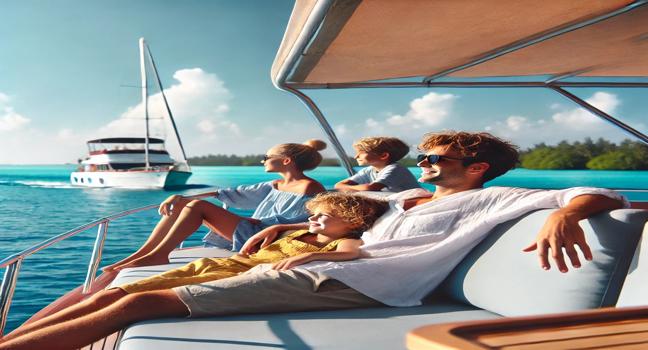 A family enjoying a peaceful cruise on a charter boat, surrounded by a calm blue ocean and clear skies. Ideal for quality time on the water