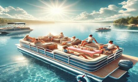 A family relaxing on a pontoon boat surrounded by calm blue water, perfect for a fun day on the water