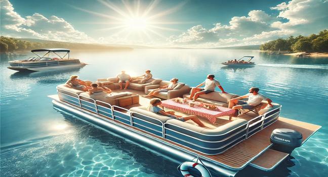 A family relaxing on a pontoon boat surrounded by calm blue water, perfect for a fun day on the water