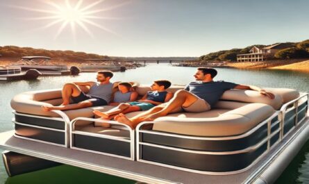 A family relaxing on a pontoon boat during a sunny day, enjoying a full day rental with calm waters and nearby marinas in the background