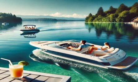 A family onboard a rented boat on calm blue water, enjoying a sunny day and peaceful surroundings, showcasing the joy of boat rental