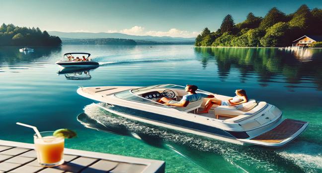 A family onboard a rented boat on calm blue water, enjoying a sunny day and peaceful surroundings, showcasing the joy of boat rental