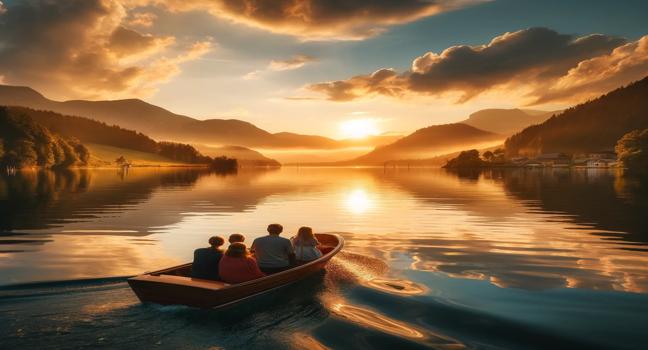 A family on a boat tour during sunset, surrounded by golden reflections on calm waters and scenic mountains, highlighting the beauty of evening tours