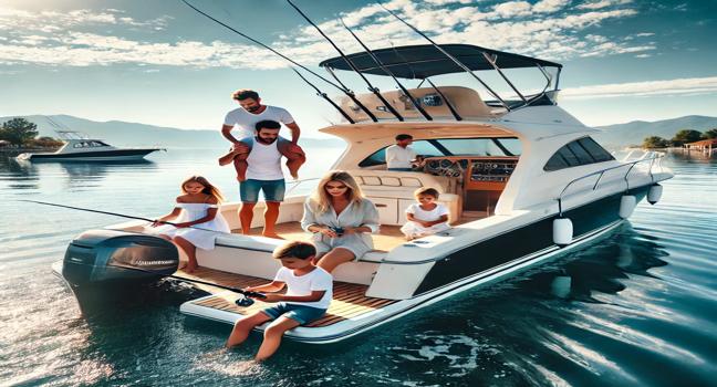 A heartwarming family fishing trip on a luxury boat charter, with parents and children enjoying calm waters and sunny skies, perfect for bonding