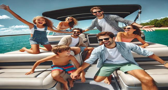 A family enjoying a fun-filled day on a rented pontoon boat, with children laughing and playing on deck under sunny skies