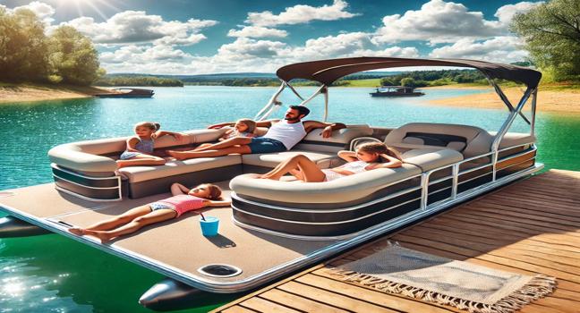 A family relaxing on a spacious rented pontoon boat under sunny skies, surrounded by clear waters and green landscapes