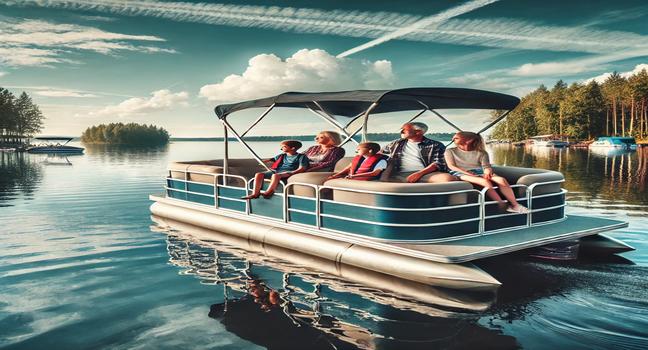 A family enjoying a peaceful pontoon boat ride on a calm lake with blue skies and trees reflecting in the water, perfect for boats near me outings