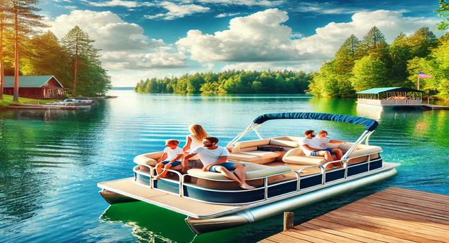 A family enjoying a peaceful pontoon boat ride on a tranquil lake, surrounded by green trees and clear blue skies