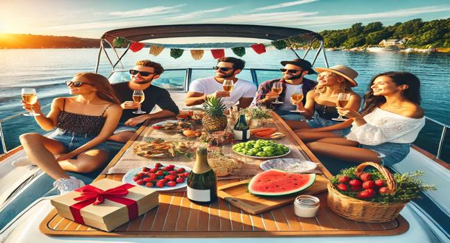 A group of friends enjoying a festive boating charter, complete with decorations, food, and drinks, under sunny skies on calm waters