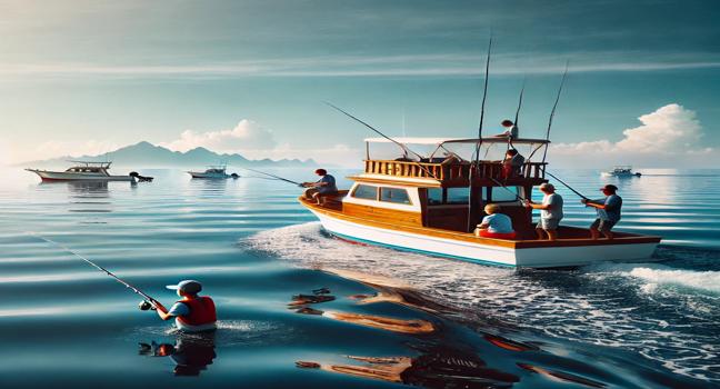 A fishing boat charter with people casting lines on calm blue waters under clear skies, showcasing the ideal fishing trip experience