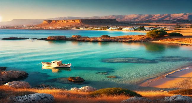 A small fishing boat floating near the calm waters of Stegna Beach in Rhodes, Greece, with the golden coastline in the background