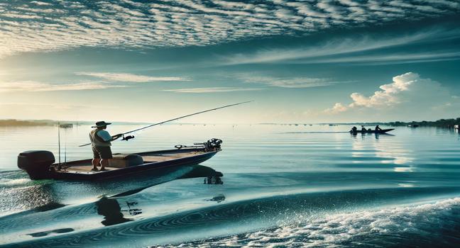 A fishing boat rental with an angler actively fishing on calm blue waters under clear skies, showcasing the perfect day for fishing