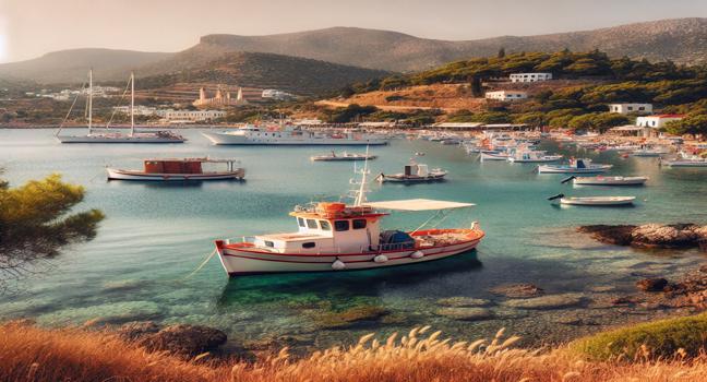 A fishing boat moored near St. Paul's Bay in Rhodes, Greece, surrounded by calm waters and lush green hills