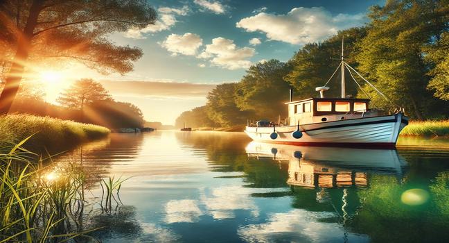 A fishing boat anchored near the edge of a calm river, with green trees reflecting in the water and a bright sunny sky, ideal for boats near me activities