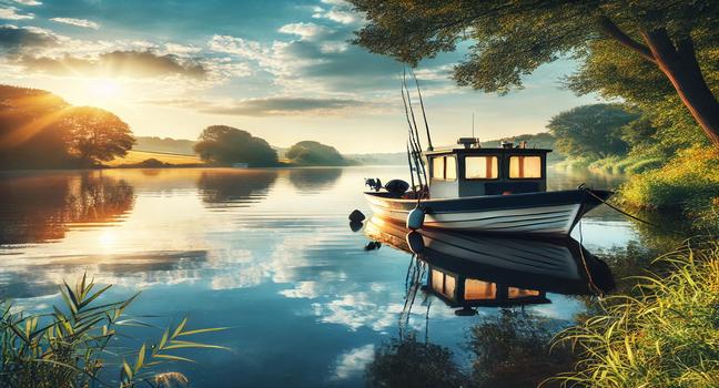 A fishing boat anchored at the edge of a calm river, with trees reflecting in the water and a sunny sky, ideal for boats near me