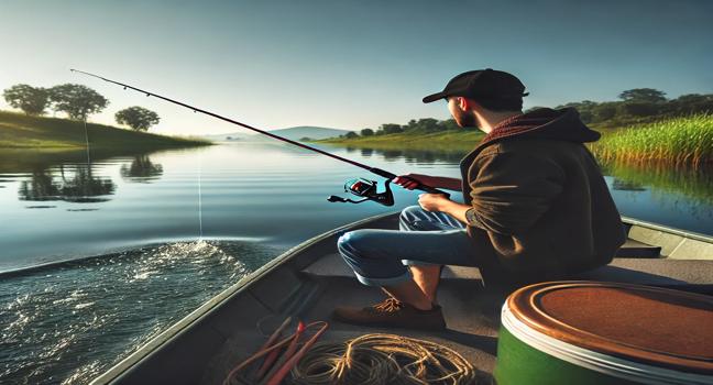 A fishing enthusiast casting a line from a rented boat into calm waters, surrounded by natural greenery and clear skies, showcasing the adventure of a boat rental service