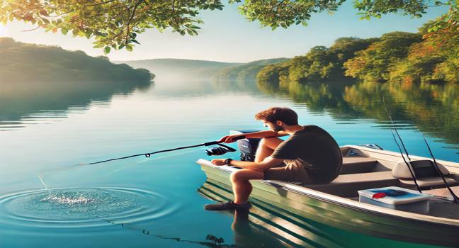 A fishing enthusiast casting a line from a rented boat on calm blue water surrounded by nature, showcasing the adventurous side of boat hire services