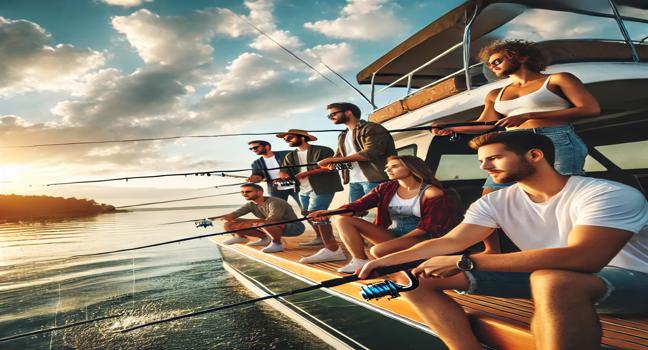 A group of friends enjoying a fishing trip on a charter boat, surrounded by calm waters and clear skies. A perfect activity for boating charters