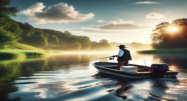 A fishing enthusiast casting a line from a rented boat into calm waters, surrounded by lush greenery and a clear sky