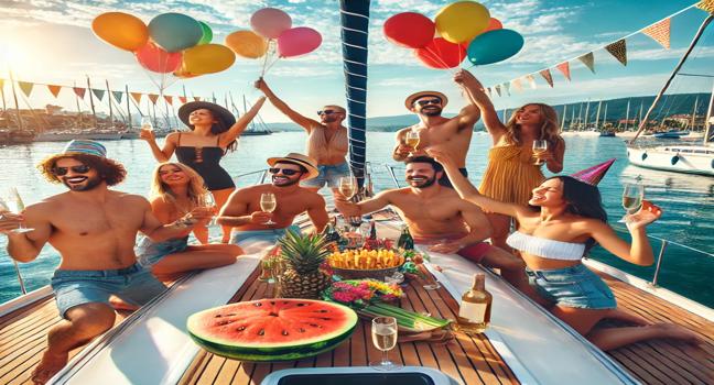 A lively group of friends enjoying a rented party boat with decorations, music, and drinks under a sunny sky, highlighting the fun of a boat rental service