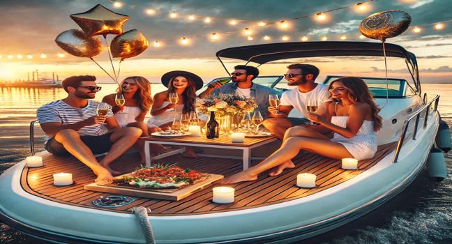 A group of friends celebrating on a luxury boat rental, decorated with lights, enjoying food and drinks during a sunset on calm waters