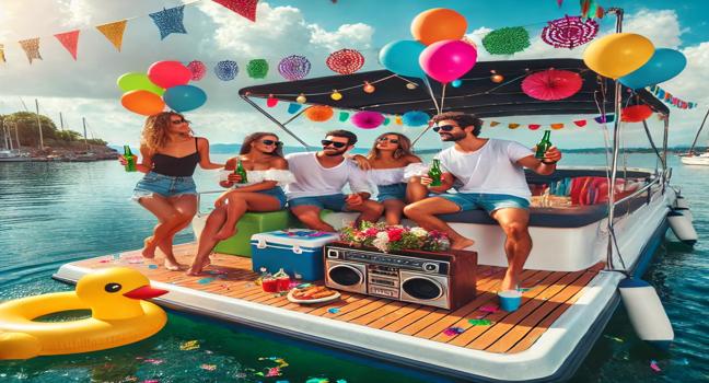 A lively group of friends enjoying a rented party boat, featuring vibrant decorations, music, and drinks, under a sunny sky