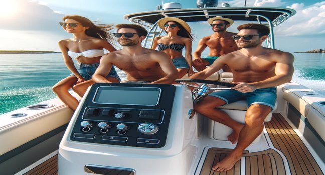 A lively group of friends cruising through calm waters on a center console boat, enjoying a full day under sunny skies. Ideal for showcasing boat rental fun