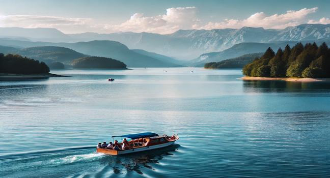 A small group of people enjoying a peaceful boat tour on calm blue waters, surrounded by scenic landscapes, perfect for a serene outin