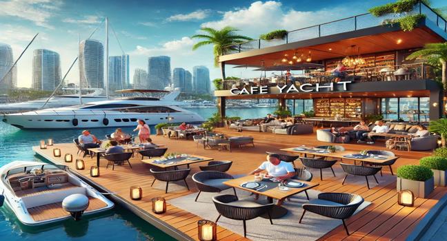 Guests relax on a cafe yacht at a vibrant marina, enjoying gourmet meals and scenic views of luxurious yachts