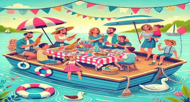 A cheerful family gathering on a boat with a picnic and decorations, enjoying a perfect day on calm waters under clear skies