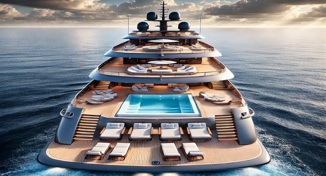 A stunning superyacht featuring a rooftop infinity pool and sun loungers, perfect for a premium boat charter luxury experience