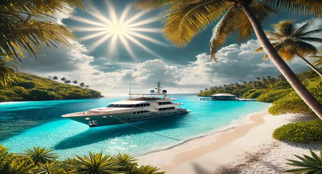 A luxurious yacht anchored near a secluded beach with turquoise waters and lush greenery, offering ultimate relaxation