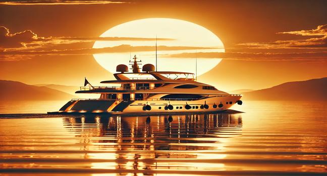 A tranquil image of a luxurious yacht sailing during a golden sunset, reflecting elegance and relaxation