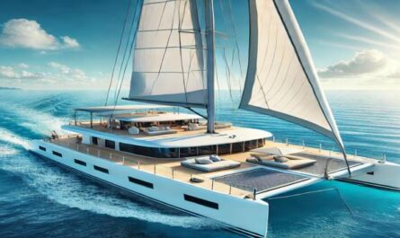 A modern catamaran sailing on clear blue waters under the bright sun. Spacious decks and elegant design make it perfect for relaxation and adventure