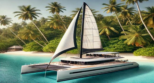 A stunning sail catamaran anchored near a tropical island, featuring modern design, spacious decks, and large sails for comfort and shallow water exploration