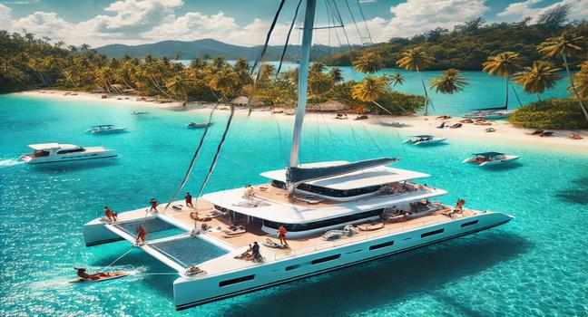 A spacious catamaran anchored by a tropical island, offering relaxation and premium boat charter luxury