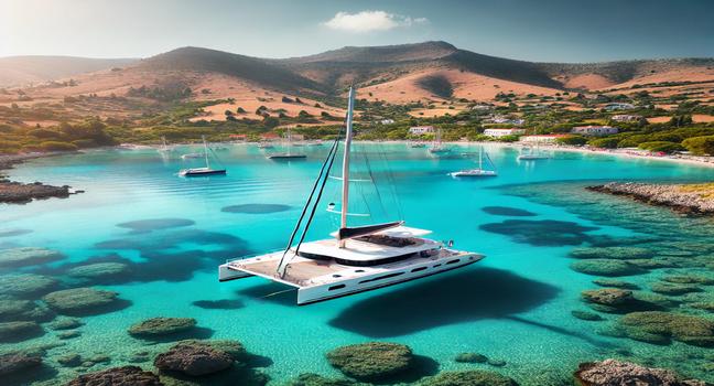 Enjoy a luxury catamaran experience in Rhodes with turquoise waters and lush green views. Ideal for boat rental in Rhodes