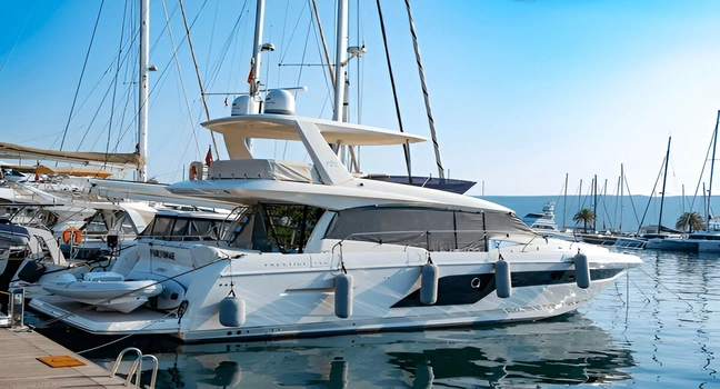 Elegant motor yacht docked in a stylish marina under blue sky Prestige Yachts