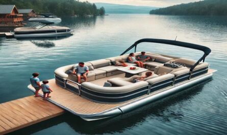 A luxury pontoon boat with a family enjoying the view on a peaceful lake, ideal for a relaxing day rental experience